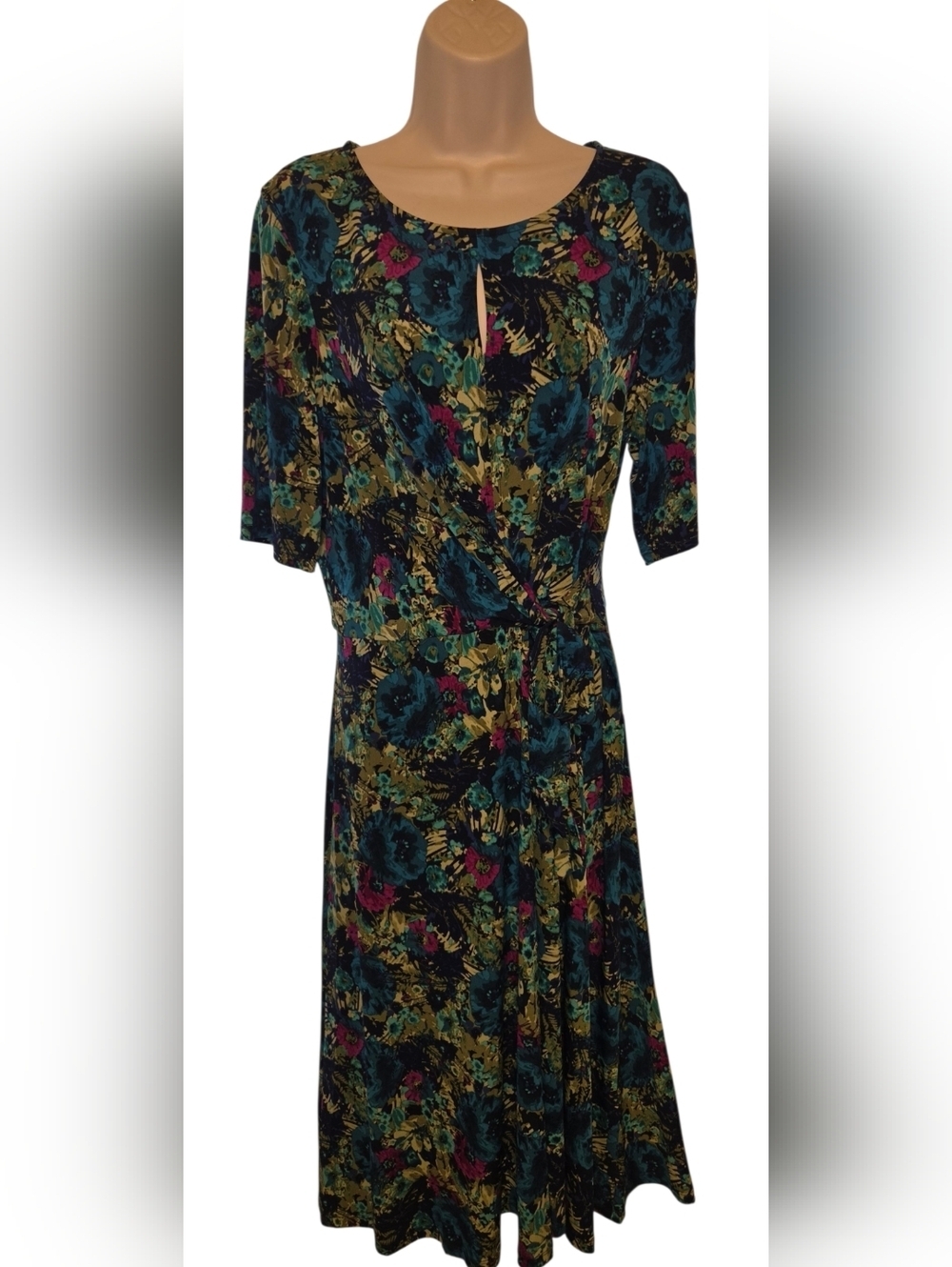 London Style Teal Floral Midi Dress with Gold and Magenta Accents